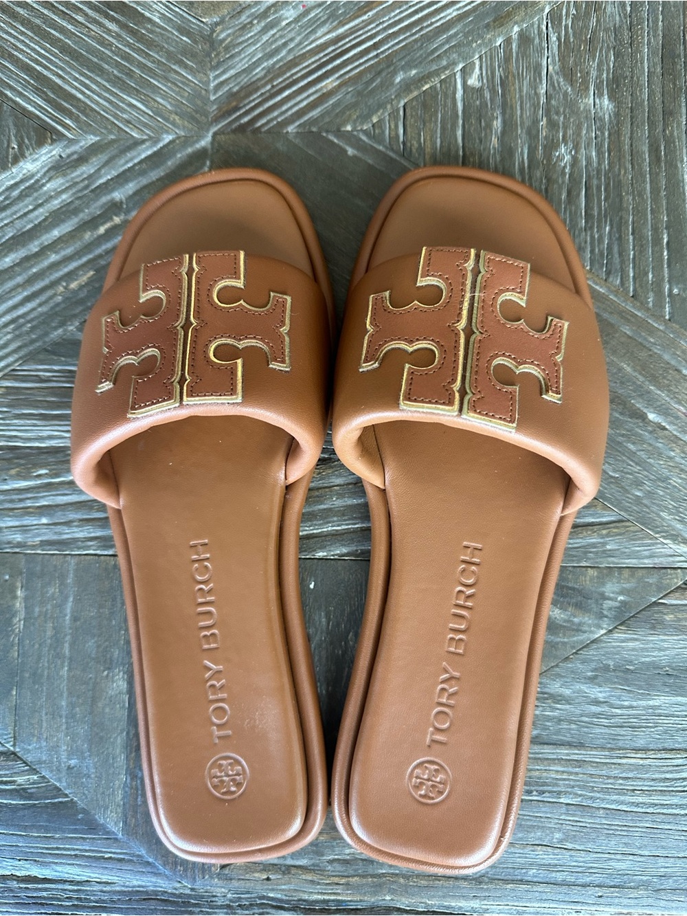 Tory Burch Double T Sport Slide Sandals Brown Leather 8.5